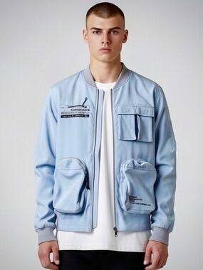 Encrypted NYC Utility Waterproof Bomber Jacket Size Medium Blue Cargo Streetwear